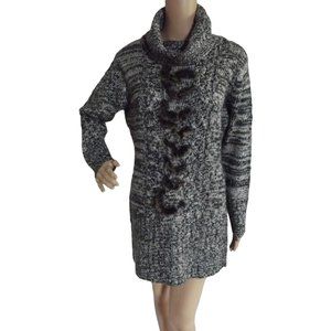 H & M Size Large Black White Melange Cowl Neck Tunic Sweater faux fur l